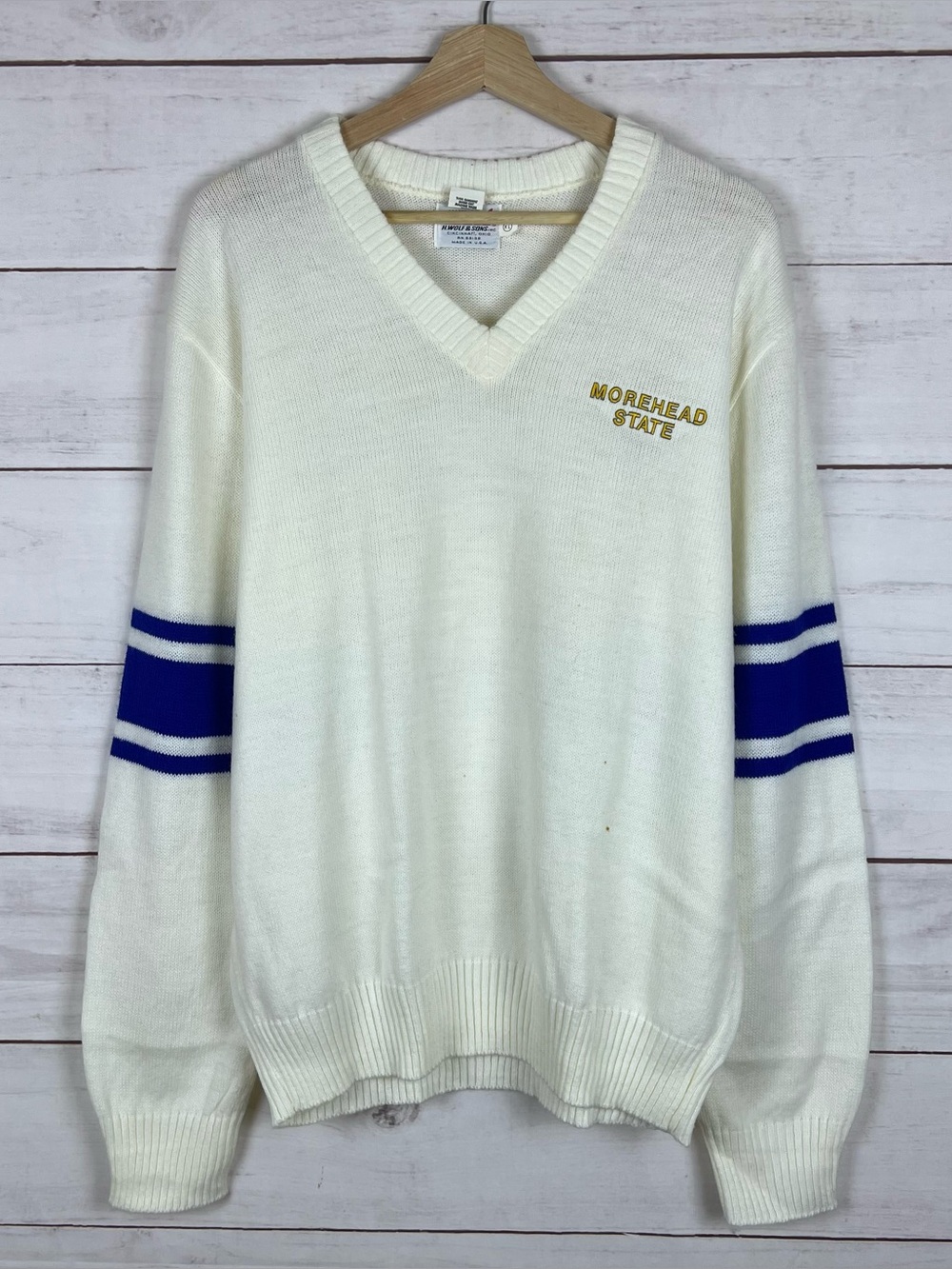 Vintage 1980s H. Wolf & Sons Mens XL Morehead State V-Neck Pullover Sweater